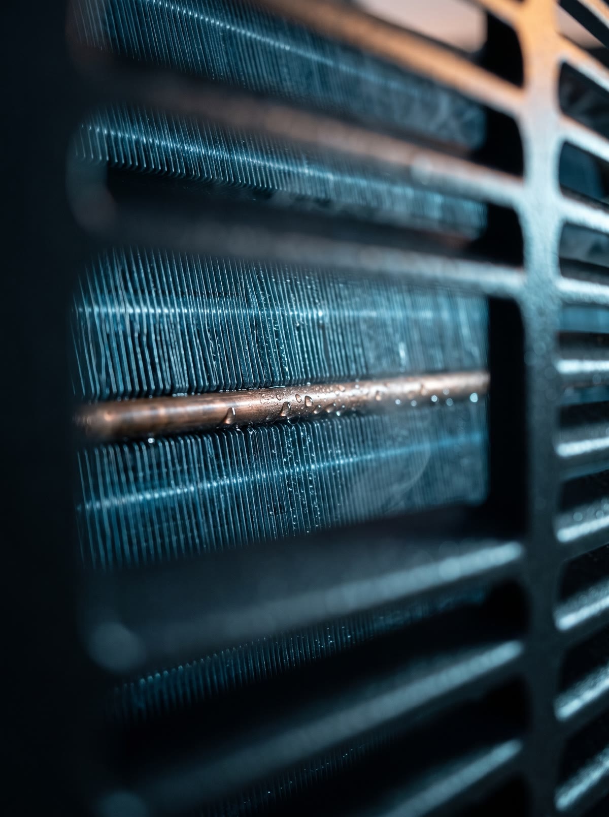 Macro of coated aluminum coil fins with a copper tube running through them