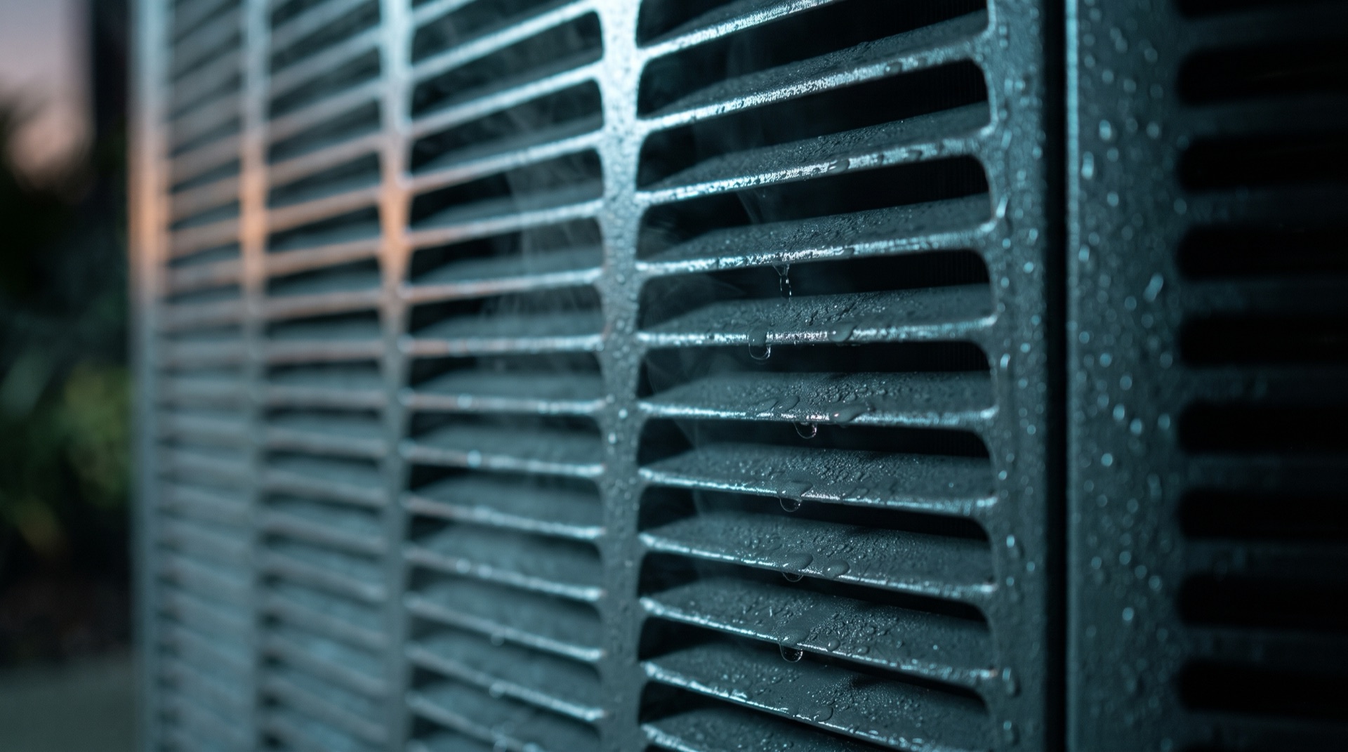 Close-up of a charcoal powder-coated steel louver panel beaded with condensation